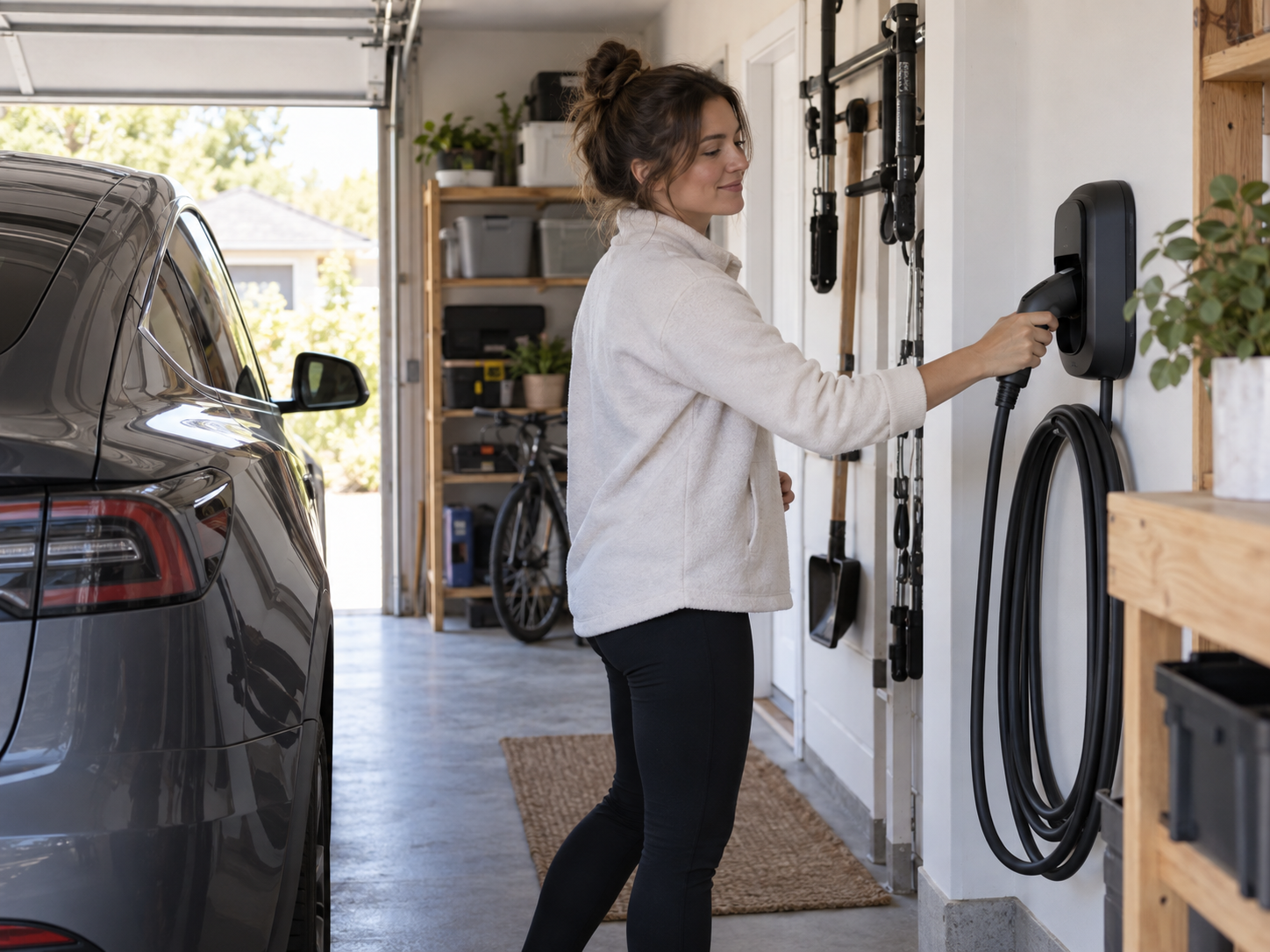EV Charging Accessories by Parking Site: Home, Workplace, Public, and Depot Needs 1 Homeowner returning an EV charging connector to a wall holster beside an electric vehicle in a garage