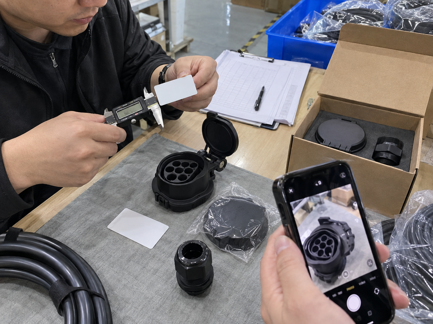 What Does an EV Charging IP Rating Mean? 3 Purchasing manager measuring an EV charging accessory sample and recording its label and packaging evidence