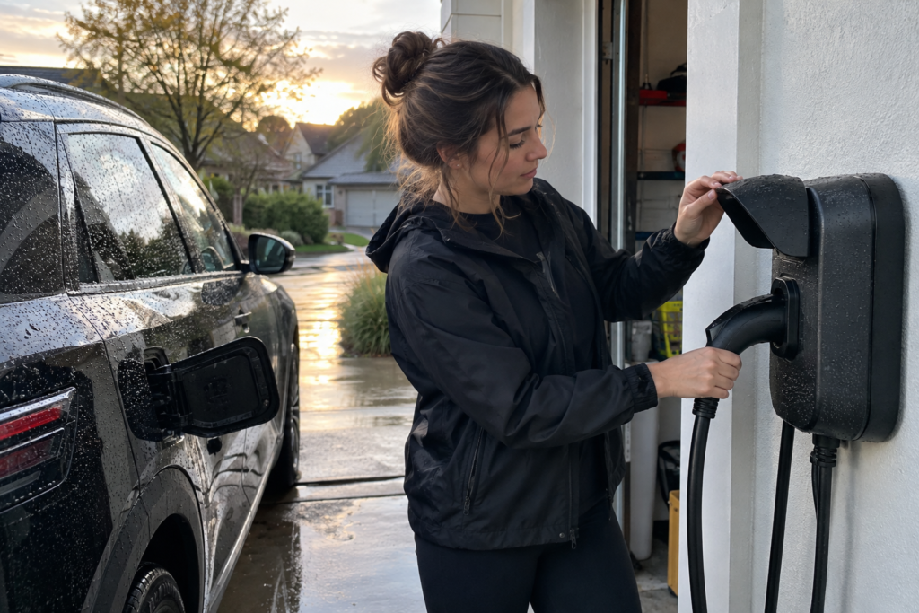 Homeowner checking a weather-exposed EV charging connector cover beside a wet electric vehicle and wallbox