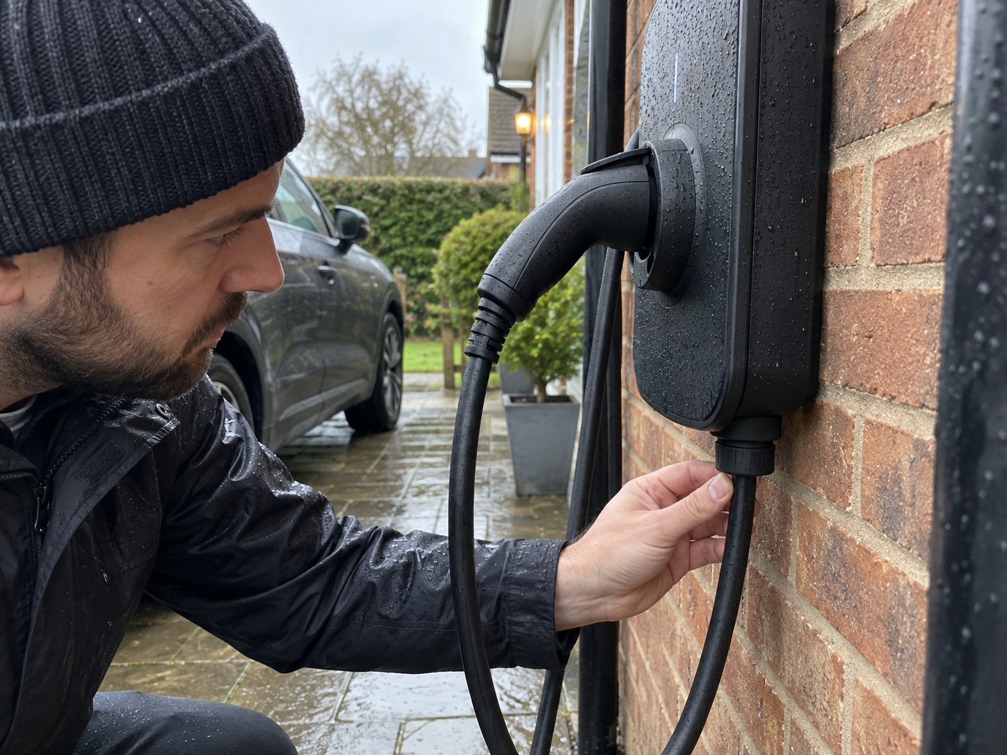 What Does an EV Charging IP Rating Mean? 2 Technician checking a wet outdoor EV wallbox cover and cable gland on a brick wall