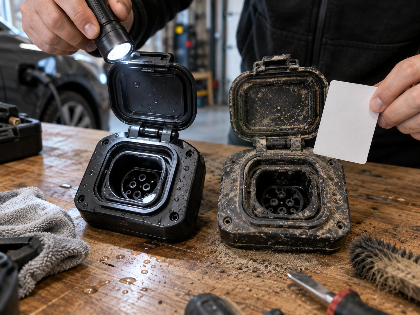 What Does an EV Charging IP Rating Mean? 1 Installer comparing a clean wet EV charging enclosure with a dusty enclosure using a flashlight