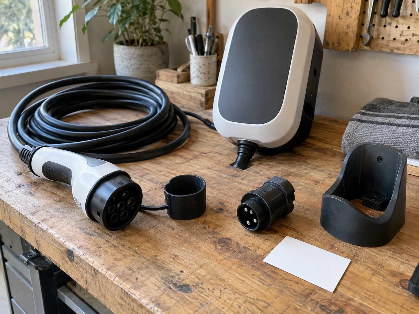 EV Charging Cable vs EV Charger vs Charging Station: What Is the Difference? 1 EV charging cable, wall charger, adapter, connector cap, and holster arranged on a workbench