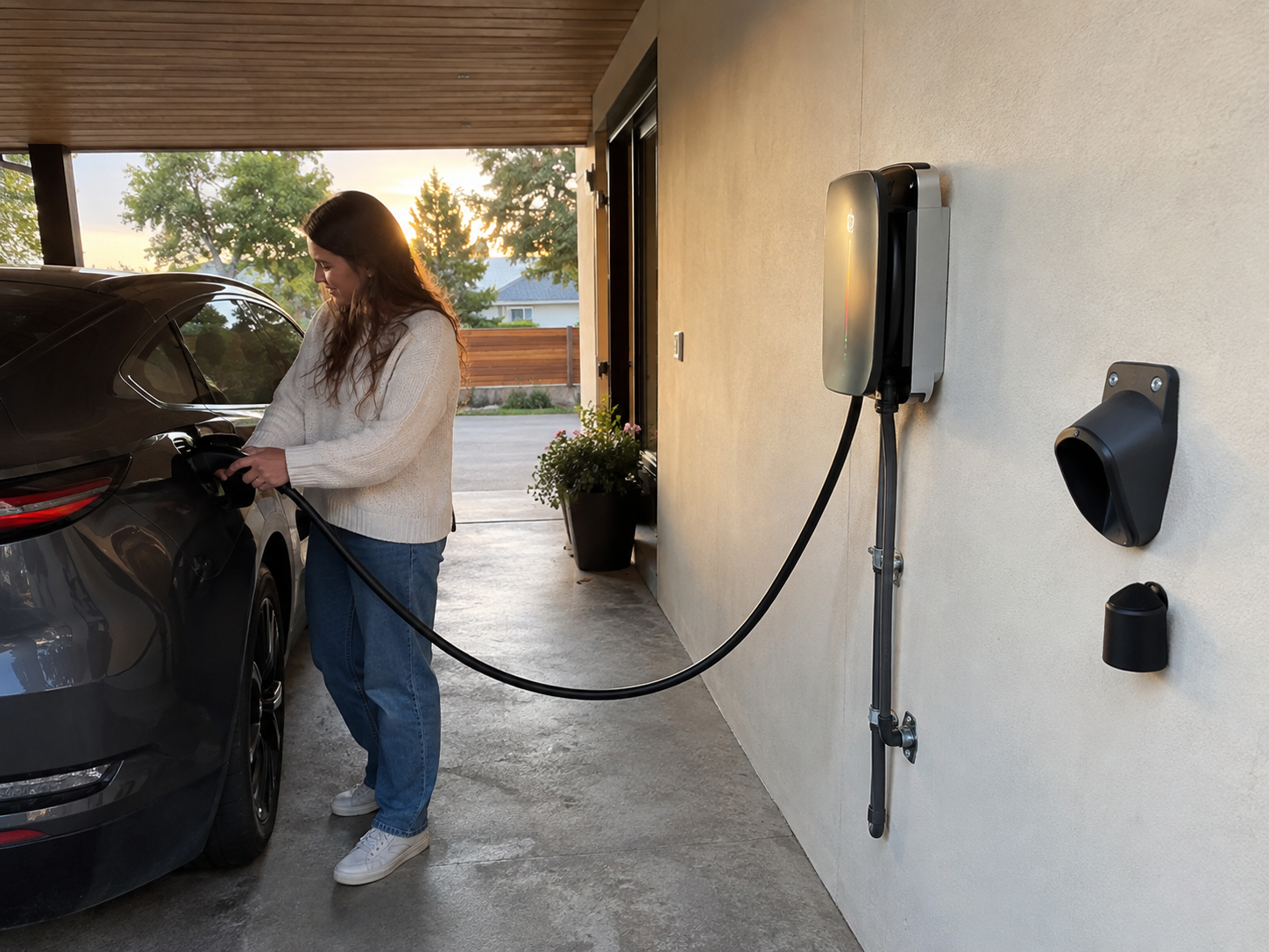 EV Charging Cable vs EV Charger vs Charging Station: What Is the Difference? 2 Home EV charging station with cable, holster, cap, and wall-mounted equipment in use
