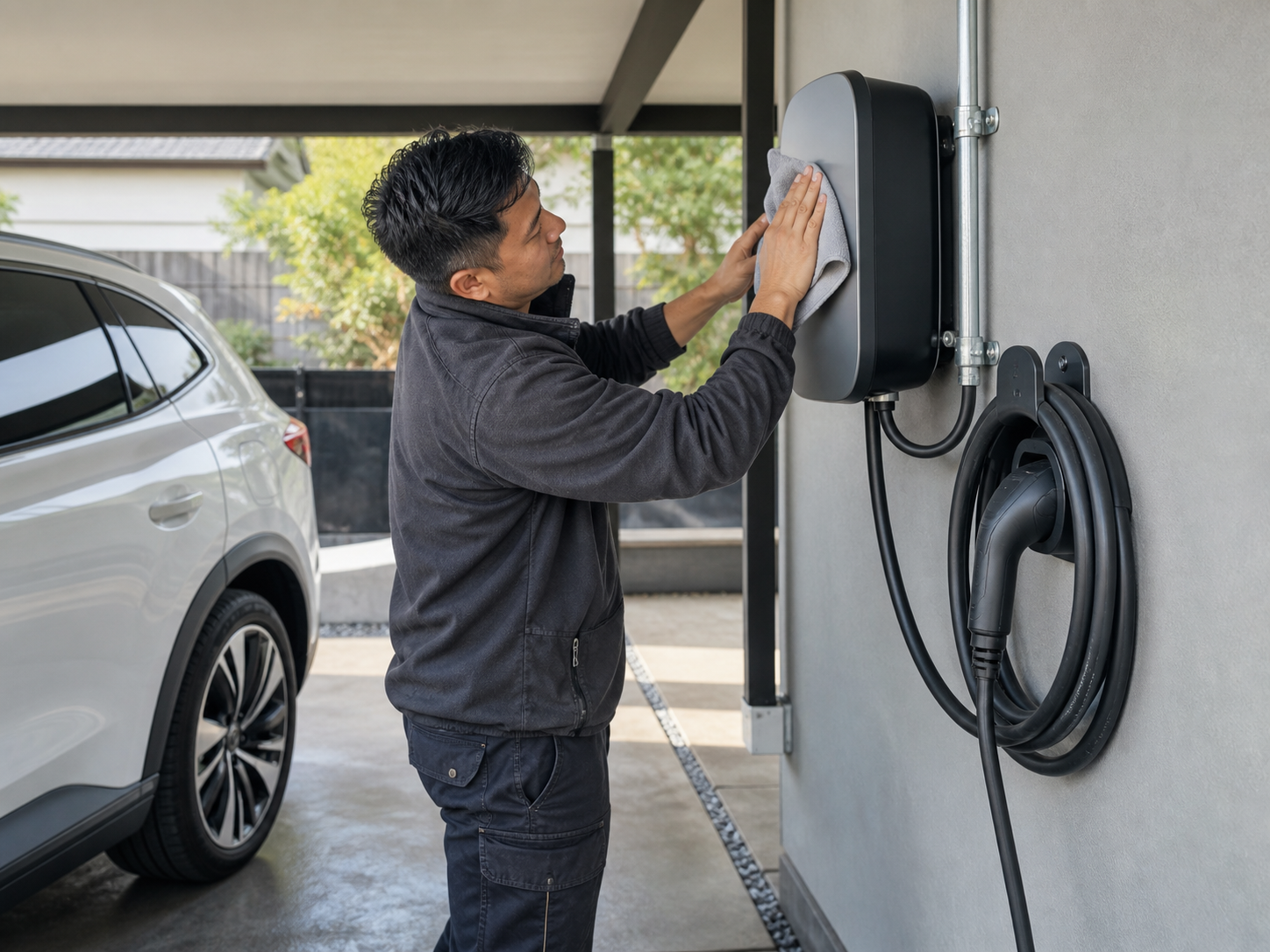 How to Clean and Care for EV Charging Accessories Safely 3 Technician wiping a wallbox and checking the cable holder, cable gland, and mounting hardware at a covered parking bay