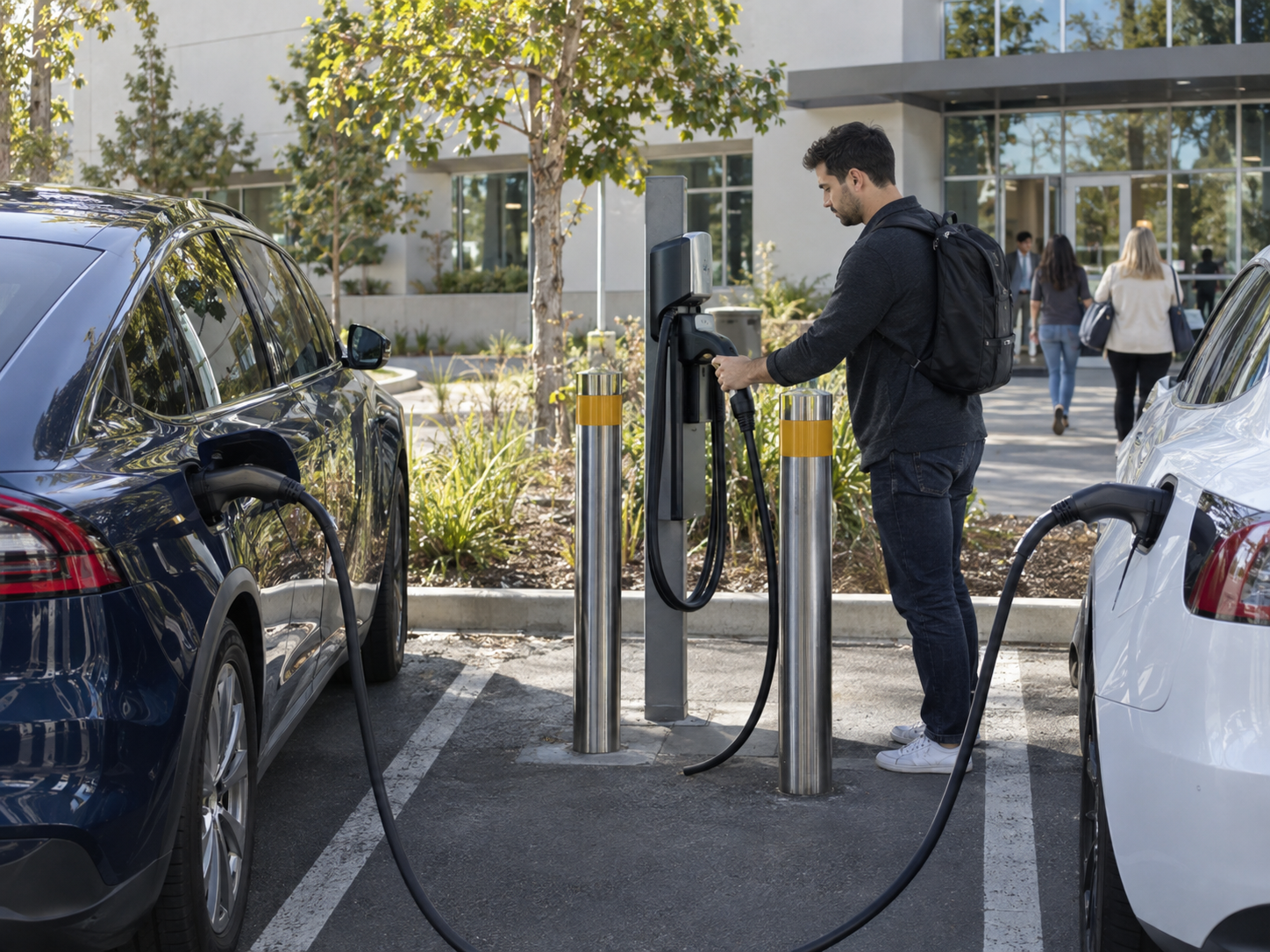 EV Charging Accessories by Parking Site: Home, Workplace, Public, and Depot Needs 2 Driver using an EV charger with cable support and protective bollards in a shared workplace parking lot