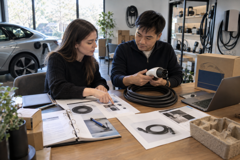 Gerente de marca privada y especialista en proveedores revisando un paquete de documentos de accesorio de carga para VE con una muestra de cable, arte de embalaje, etiquetas y laptop en un taller de sala de exhibición