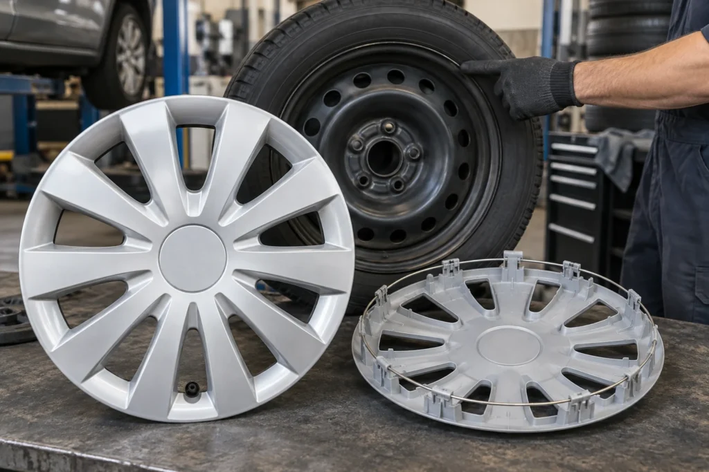 Illustrative tire-shop scene with a full wheel cover, its clip-and-wire-ring underside, and a steel wheel being checked for fit