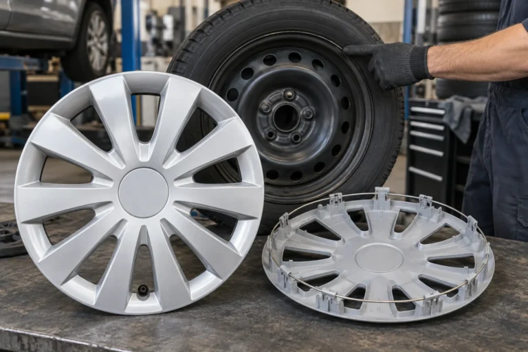 Illustrative tire-shop scene with a full wheel cover, its clip-and-wire-ring underside, and a steel wheel being checked for fit