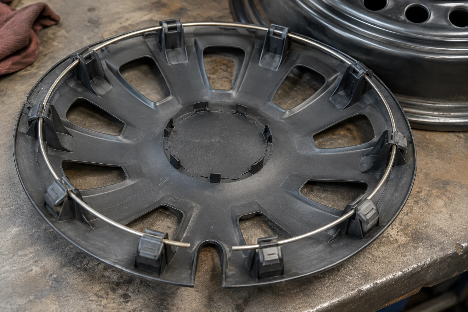 How to Choose Wheel Covers and Hubcaps: Fit, Retention, and Replacement 1 Illustrative underside of a plastic wheel cover showing molded retaining clips, metal wire ring, and valve-stem notch