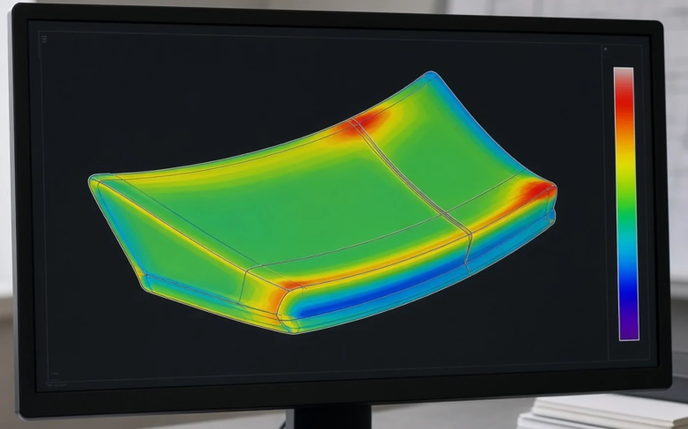 3D Scanning & Reverse Engineering 7 3D scan deviation color map of a spoiler part on a monitor