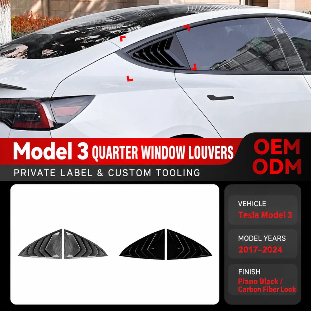 Rear Quarter Window Louvers for Tesla Model 3 2017–2024 1 Yirox Tesla Model 3 rear quarter window louver product overview for 2017–2024 models