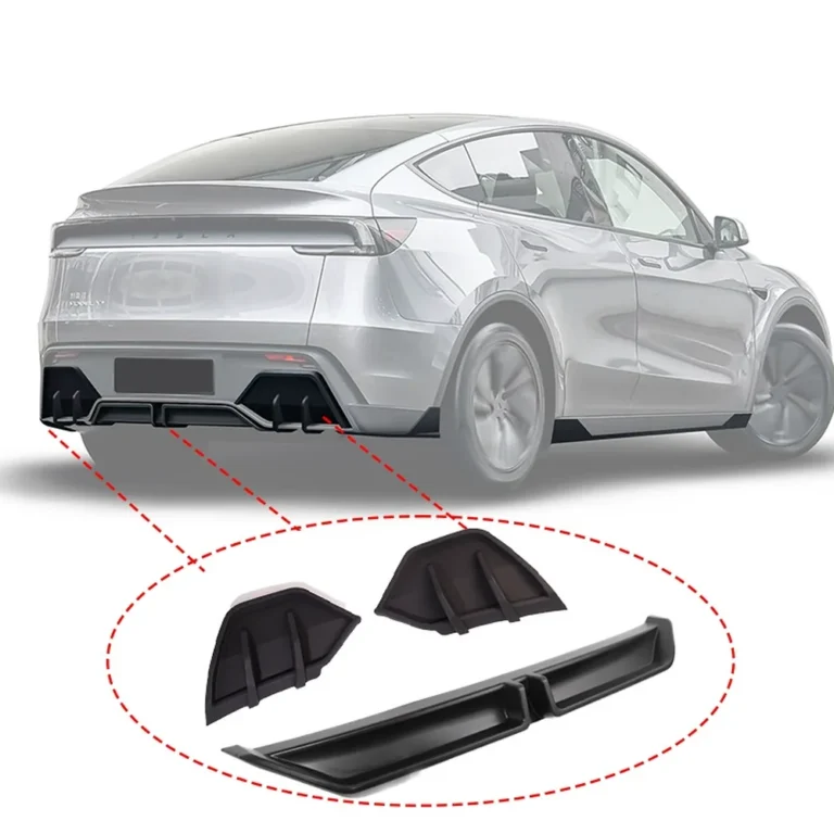 Diagrama que muestra los componentes del labio del parachoques trasero del Tesla Model Y refresh y sus ubicaciones correspondientes en el vehículo.