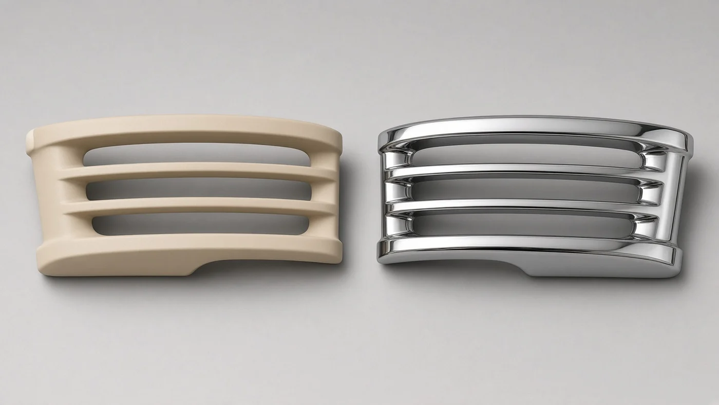 The same ABS grille part before and after chrome plating