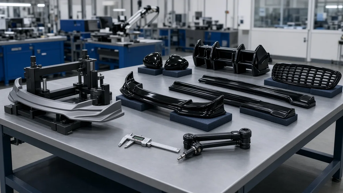 Marcas Aftermarket 4 Gloss black and unpainted exterior parts for one brand line on an inspection table, with a front lip on a checking fixture