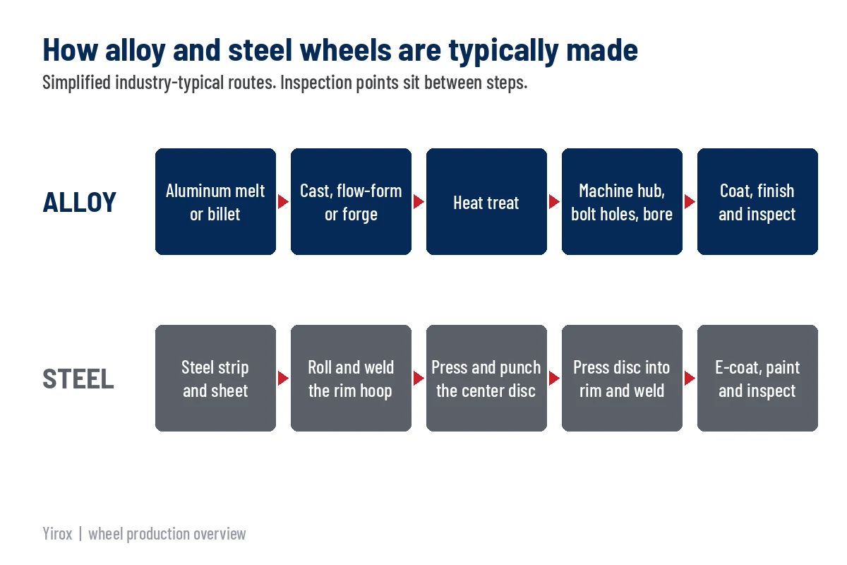 Flow diagram comparing typical alloy wheel and steel wheel production steps