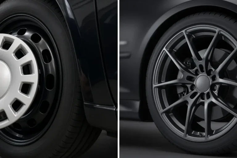 Black steel wheel with a silver wheel cover beside a gunmetal multi-spoke alloy wheel, both on dark cars