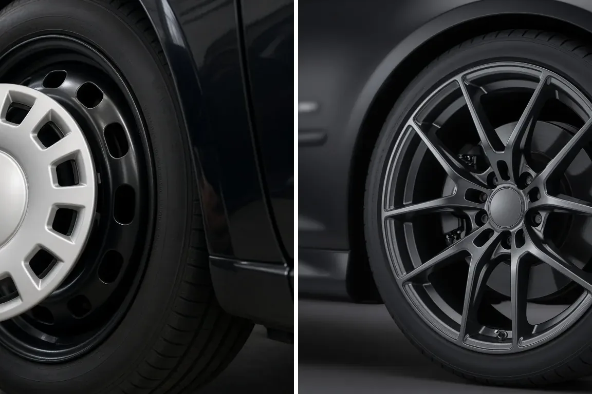 Black steel wheel with a wheel cover beside an alloy wheel