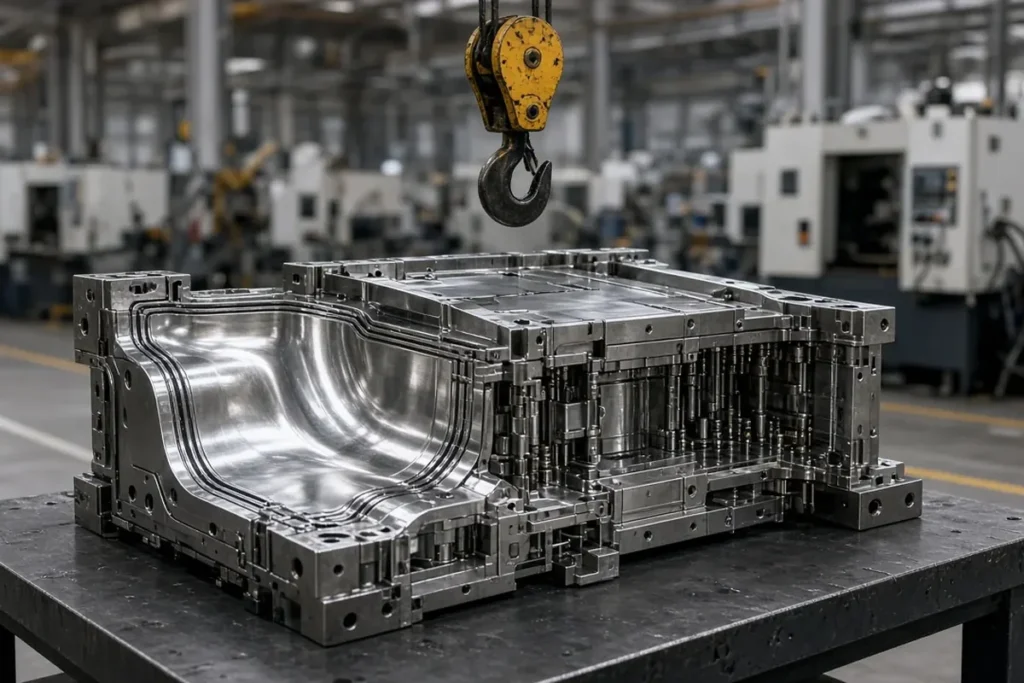 Polished steel injection mold with a curved cavity resting on a workbench under a crane hook in a factory