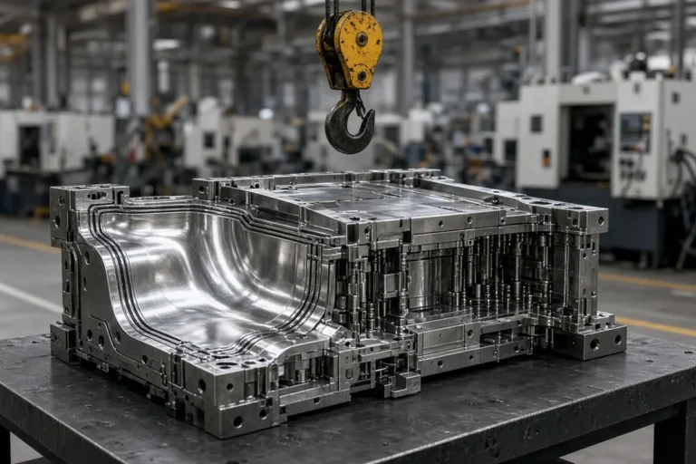 Polished steel injection mold with a curved cavity resting on a workbench under a crane hook in a factory