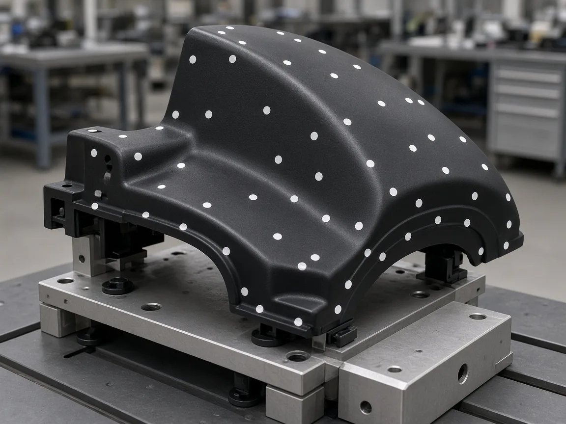 Manufacturing Capabilities 17 Matte black bumper part with 3D scanning reference targets on a measuring fixture