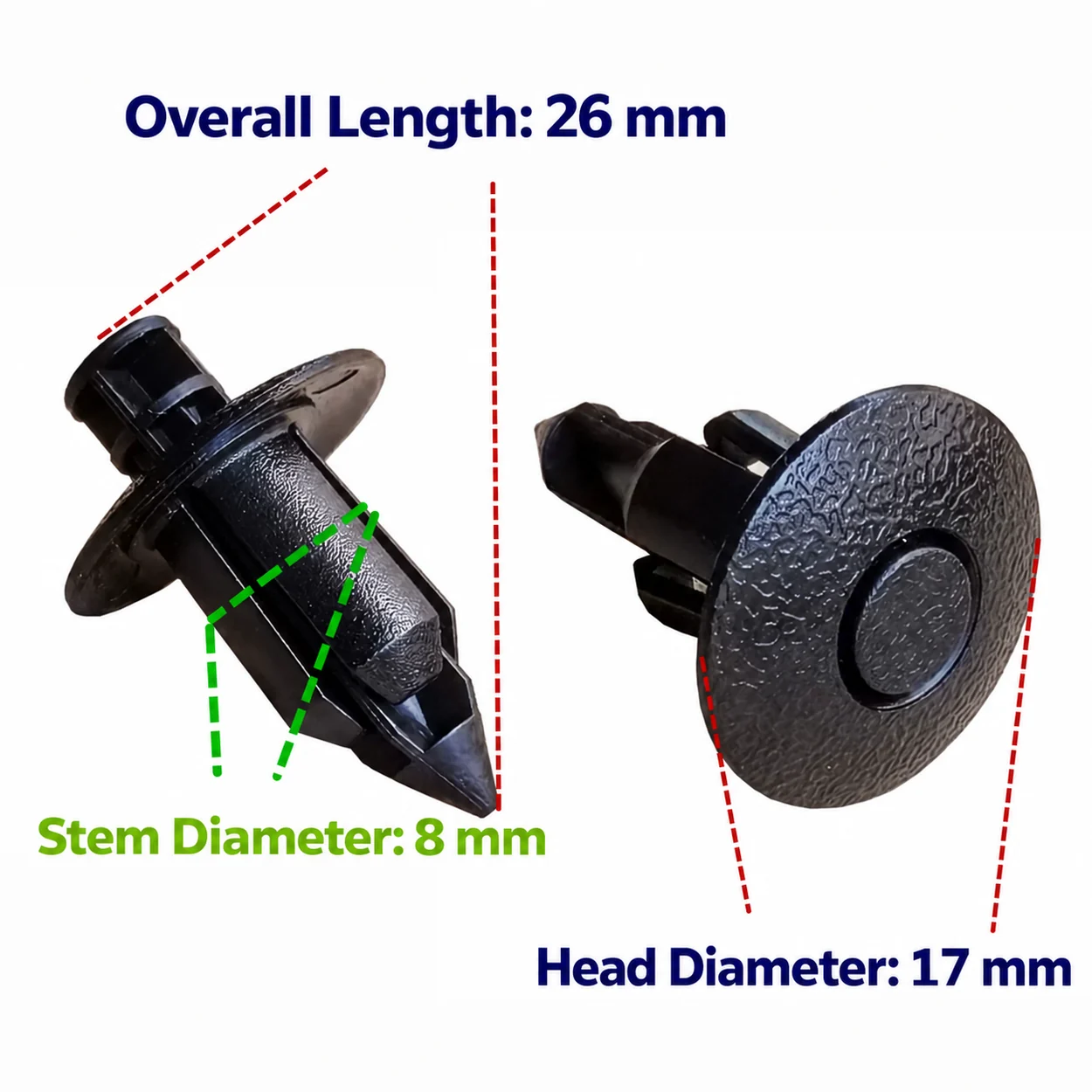 Genuine BYD OEM Engine Bay Cover Push Clips 2 BYD push clip dimensions: 26 mm length, 8 mm stem and 17 mm head