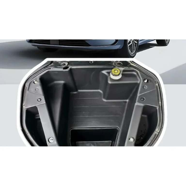Empty black molded BYD Qin Plus EV frunk storage box showing fitment cutouts