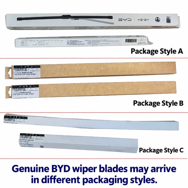 Three genuine BYD wiper blade packaging styles with English captions