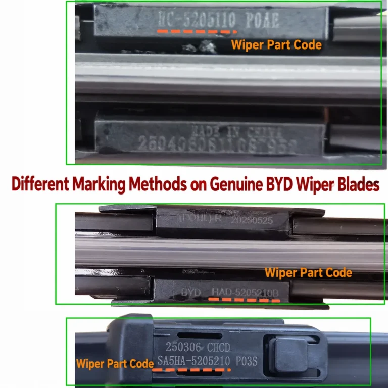 Genuine BYD wiper blade part code marking methods with English labels