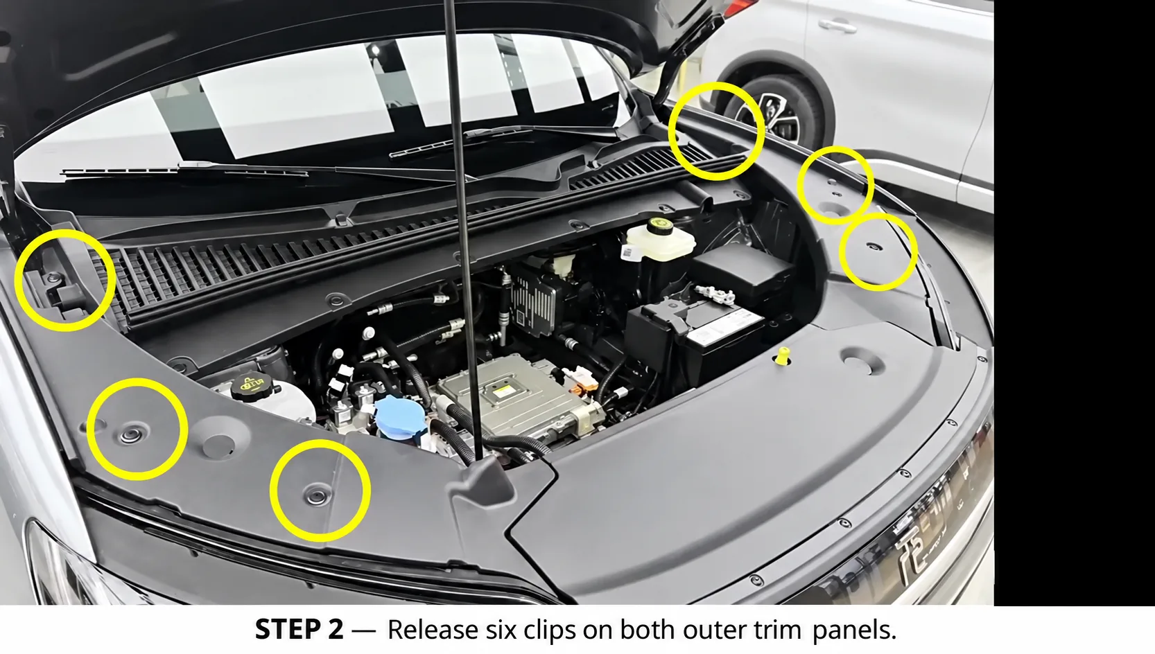 BYD Front Trunk Storage Box Installation for Yuan UP 2 Step 2: release six clips on both outer trim panels