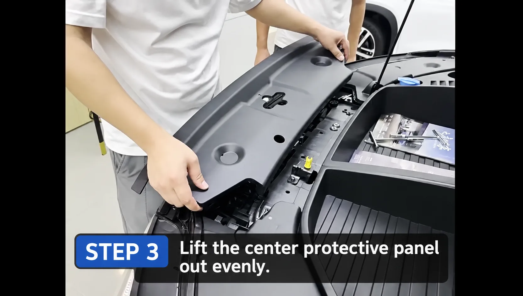 BYD Front Trunk Storage Box Installation for Yuan UP 3 Step 3: lift the center protective panel out evenly
