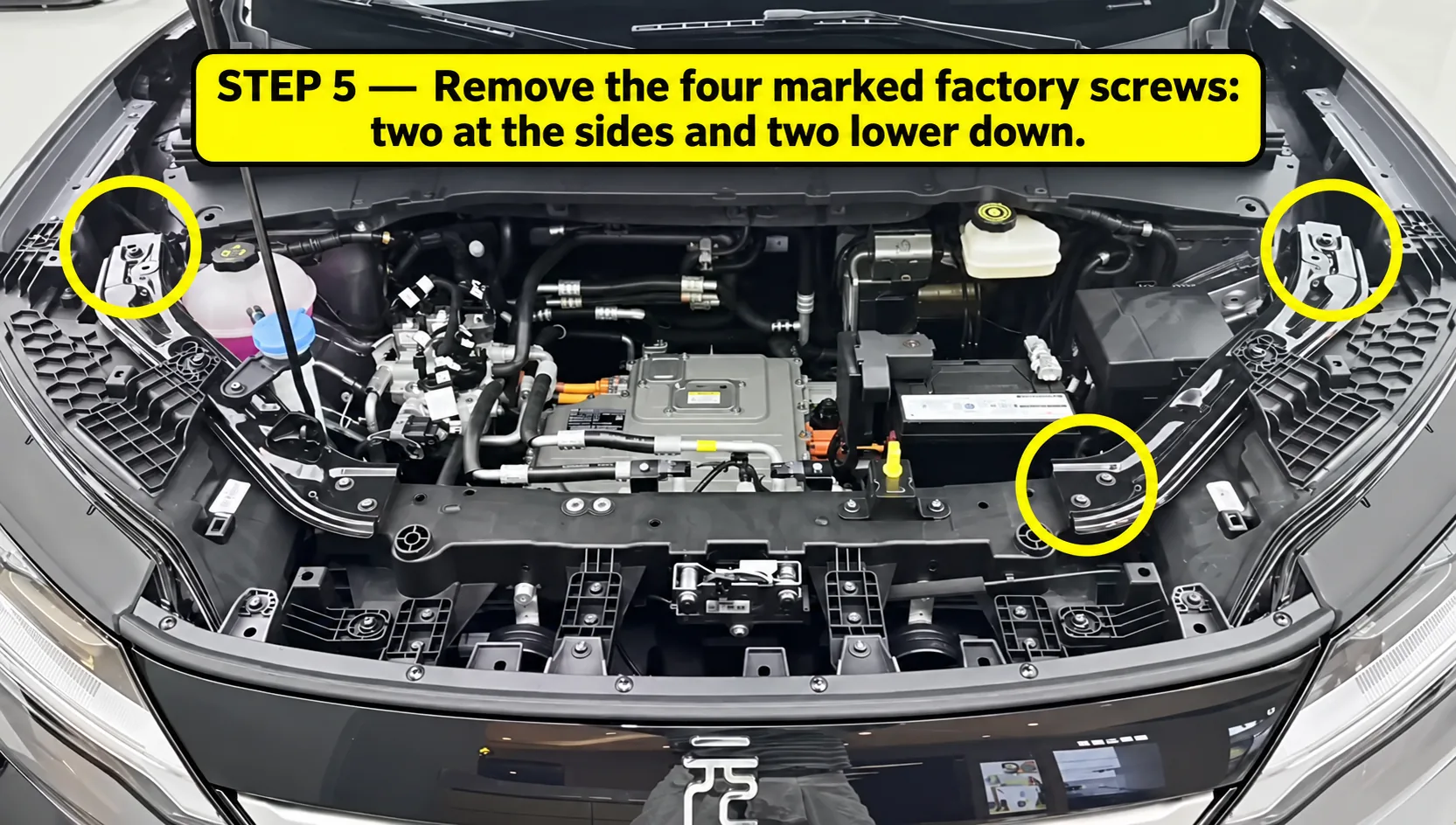 BYD Front Trunk Storage Box Installation for Yuan UP 5 Step 5: remove the four marked factory screws