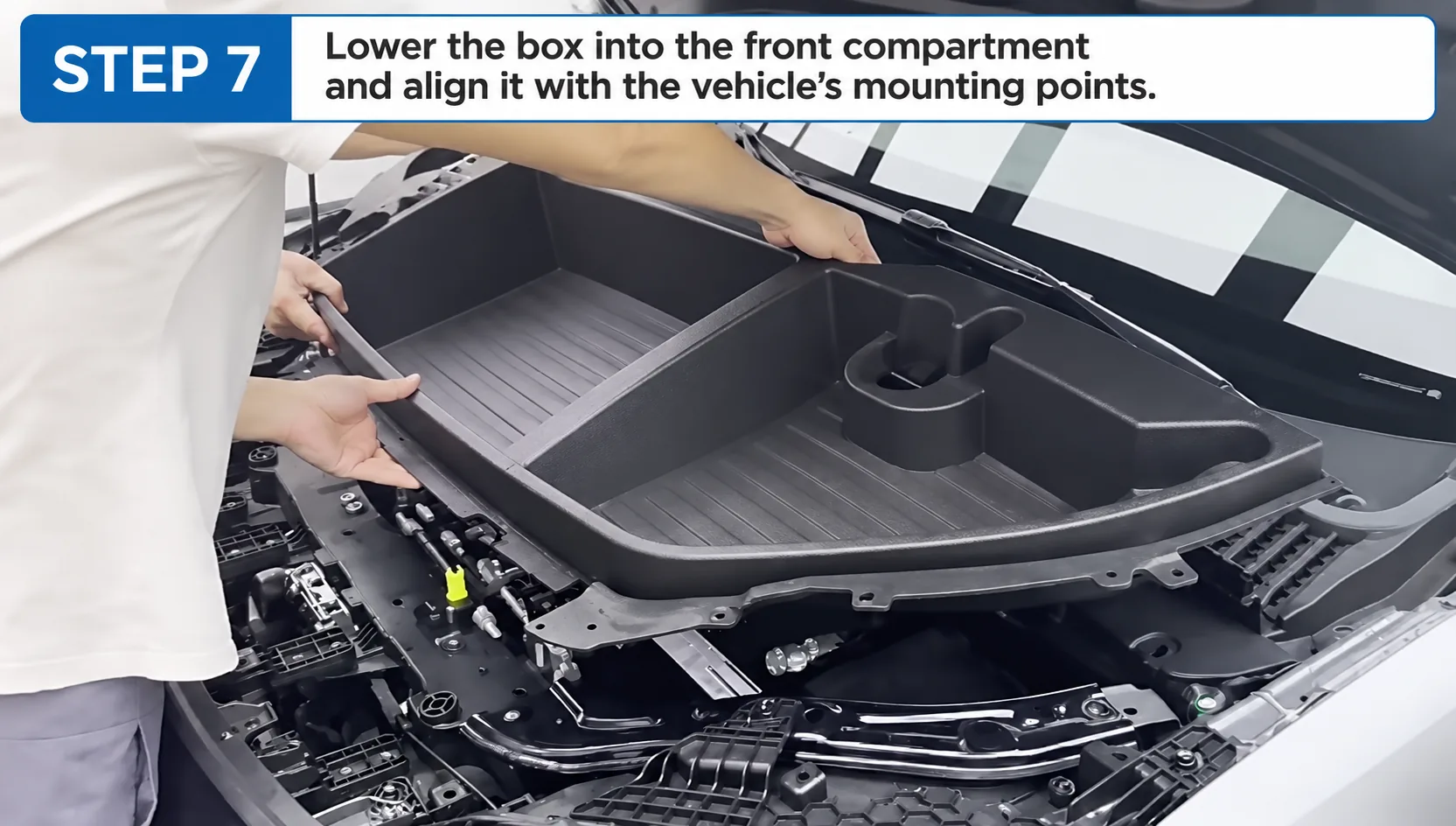 BYD Front Trunk Storage Box Installation for Yuan UP 7 Step 7: lower the storage box into place and align its mounting points