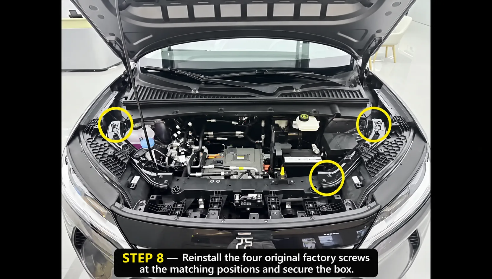 BYD Front Trunk Storage Box Installation for Yuan UP 8 Step 8: reinstall the four original factory screws at their matching positions