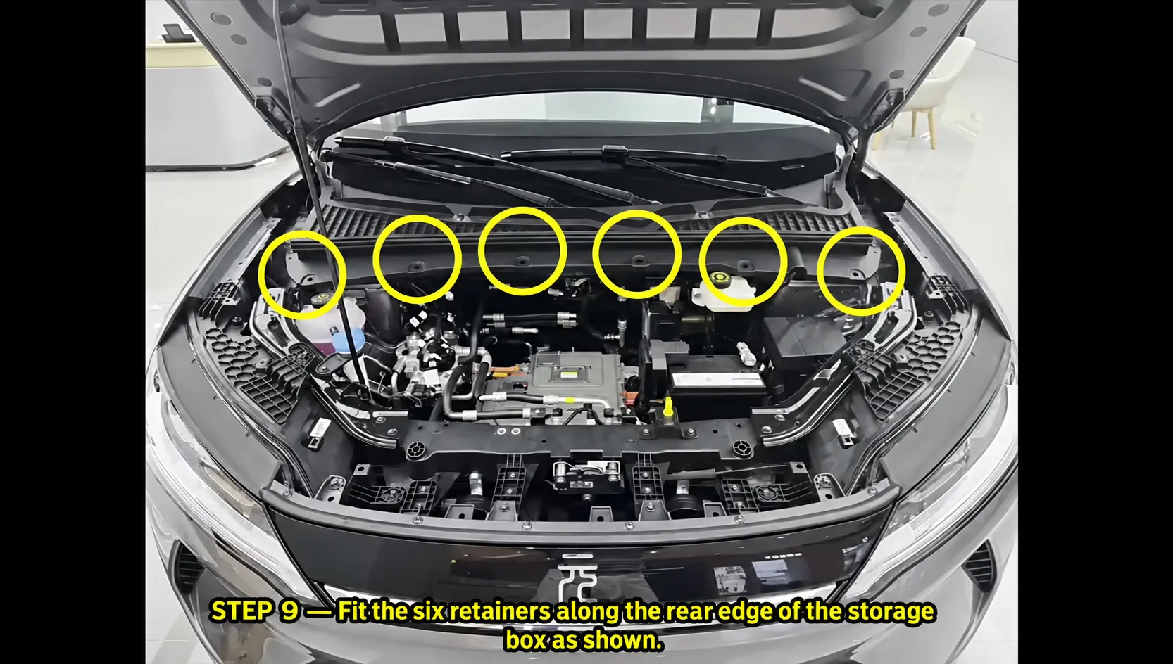 BYD Front Trunk Storage Box Installation for Yuan UP 9 Step 9: refit the six retainers along the rear edge