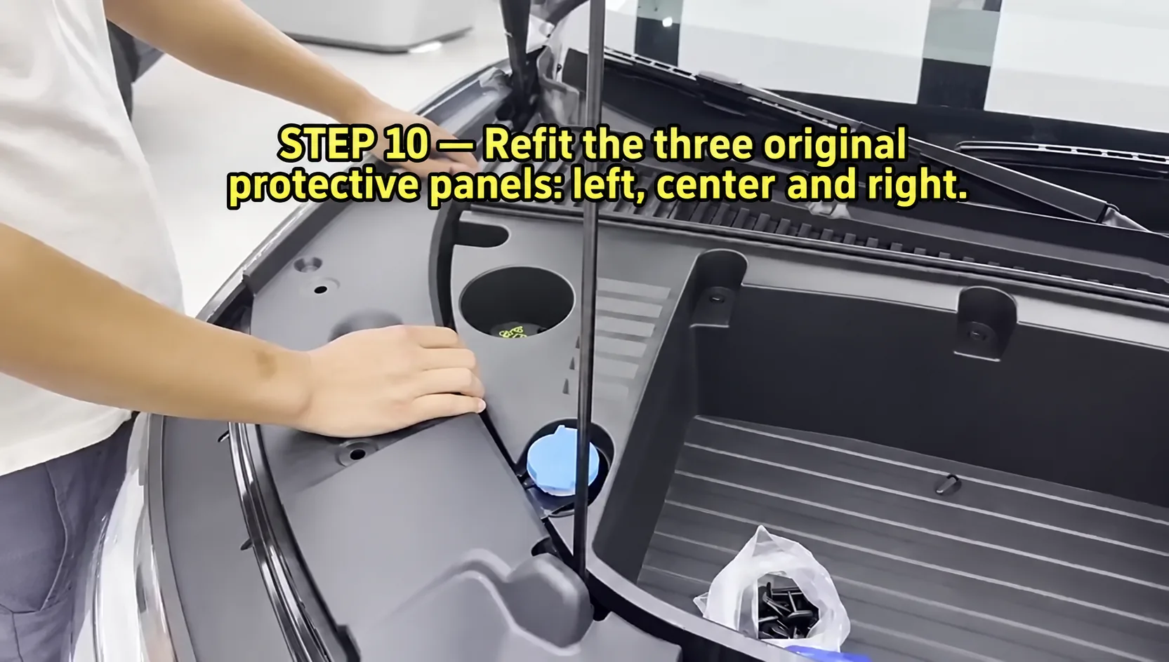 BYD Front Trunk Storage Box Installation for Yuan UP 10 Step 10: reinstall the left, center and right protective panels