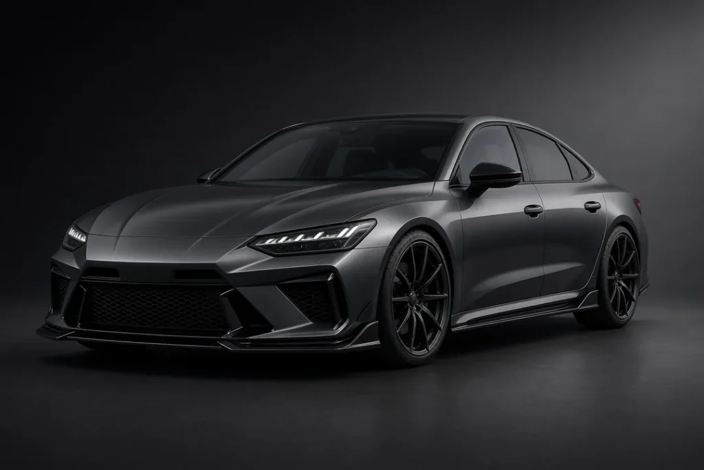 Gray sedan fitted with a full body kit in a studio