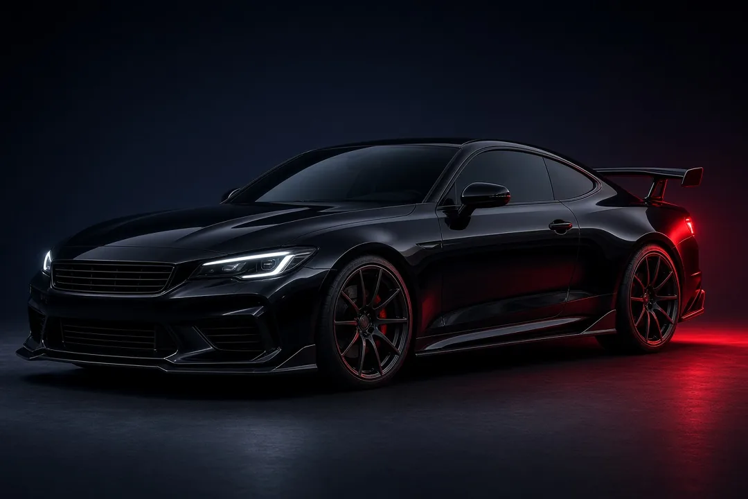 Black sports sedan with front lip, side skirts and rear spoiler in a dark studio