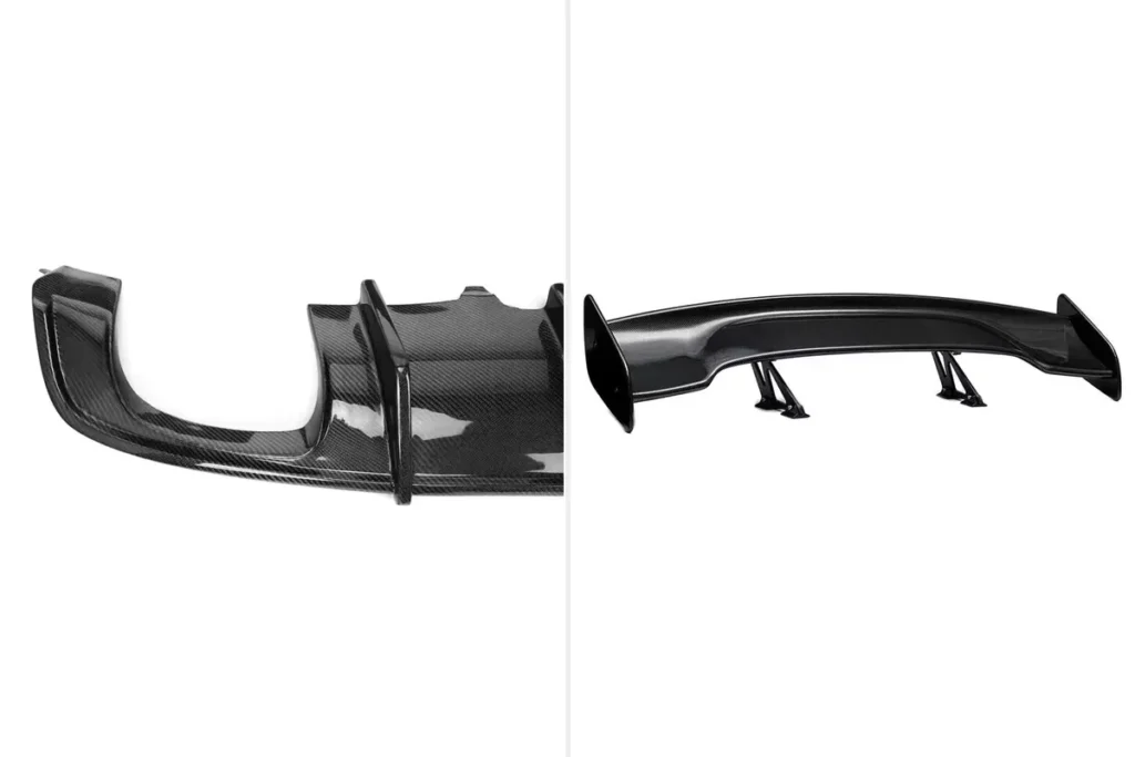 Carbon fiber weave rear diffuser beside a carbon-pattern GT rear wing on a white background