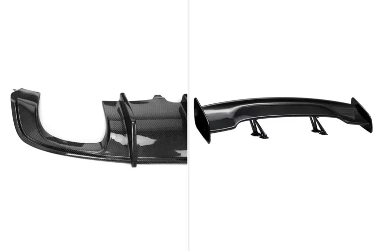 Carbon fiber weave rear diffuser beside a carbon-pattern GT rear wing on a white background