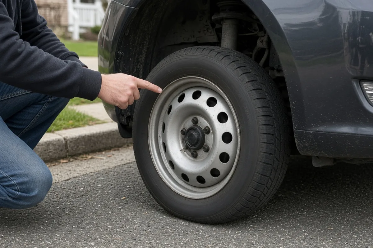 Person kneeling beside a car and pointing at the front tire and wheel well on a steel wheel with no cover