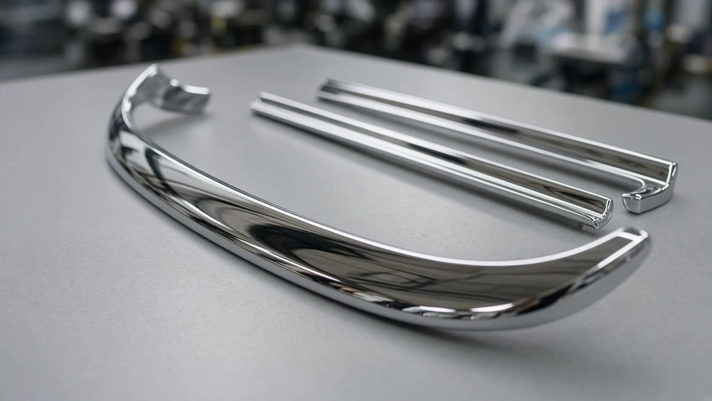 Chrome plated ABS exterior trim pieces on a workbench