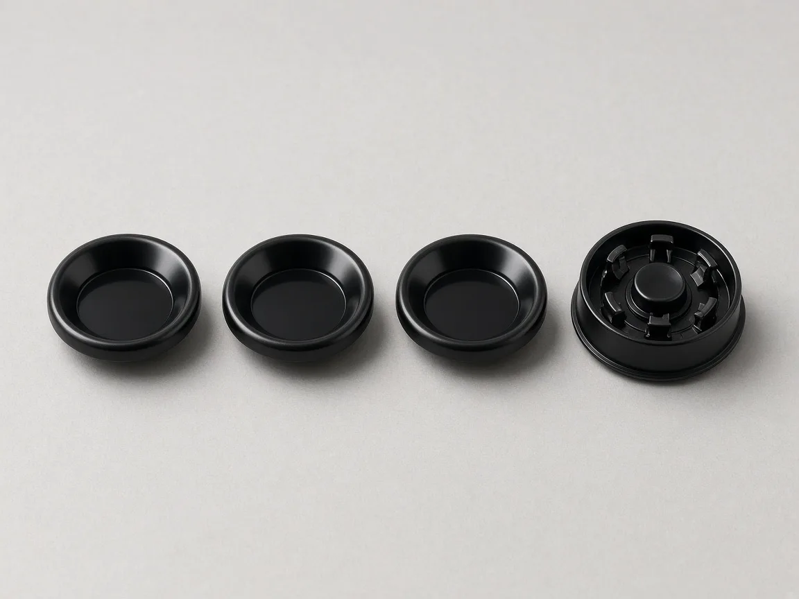 Gloss black custom wheel center caps, one turned over to show the retention clips