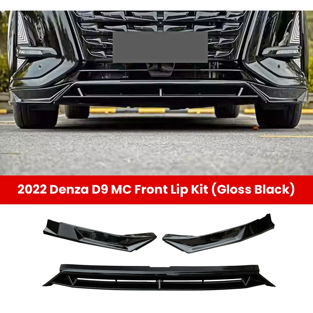 Denza D9 Body Kit: Front & Rear Lip, Side Skirts, Spoiler 1 Kit de labio delantero Denza D9 MC 2022 en negro brillante, tres piezas con vista instalada