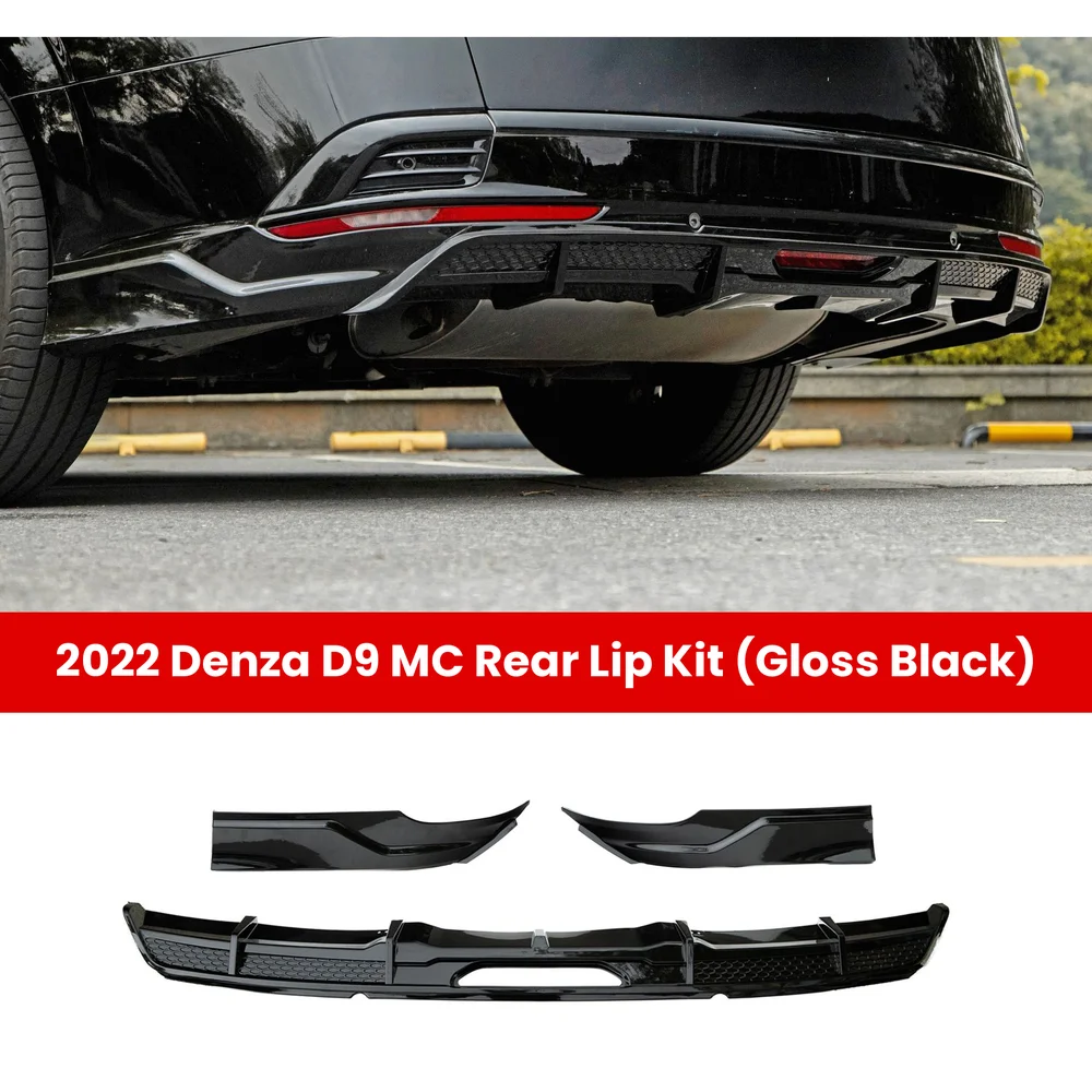 Denza D9 Body Kit: Front & Rear Lip, Side Skirts, Spoiler 3 2022 Denza D9 MC rear lip kit in gloss black with installed view