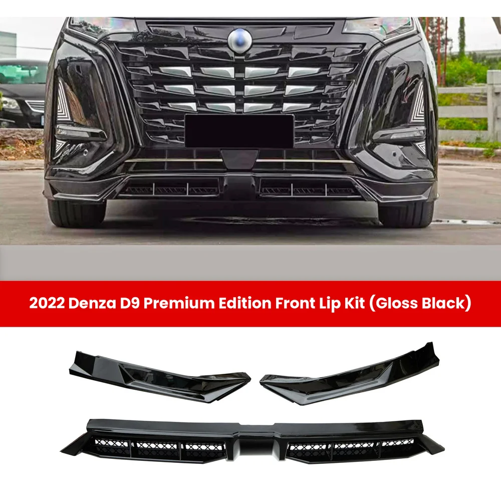 Denza D9 Body Kit: Front & Rear Lip, Side Skirts, Spoiler 2 2022 Denza D9 Premium Edition front lip kit in gloss black with installed view