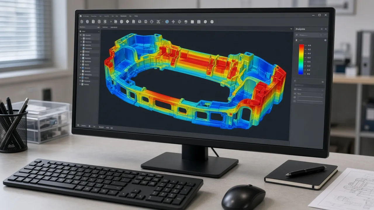 Design-for-manufacturing analysis showing a wall-thickness heatmap of an exterior plastic part on a monitor