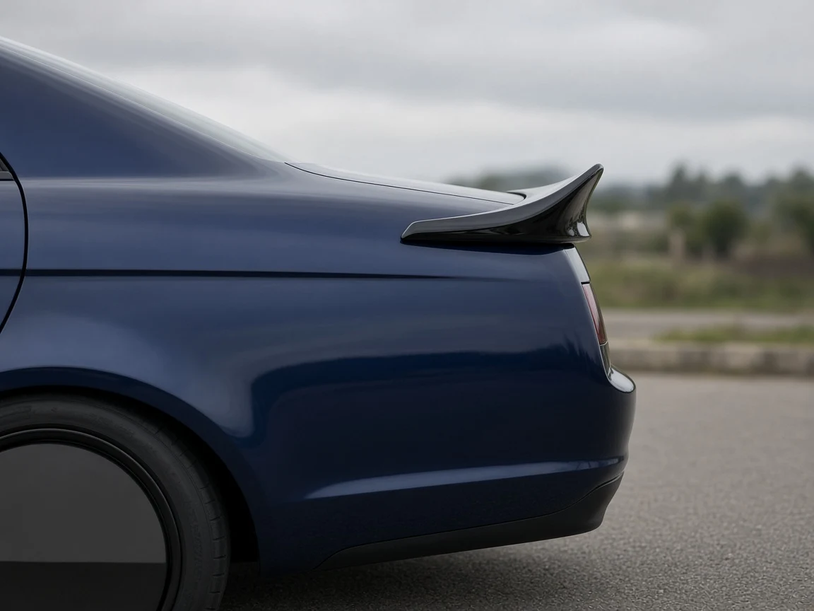 Side view of a dark blue sedan with a black ducktail spoiler on the trailing edge of the trunk lid