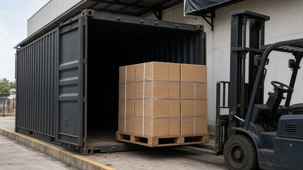 Forklift loading a pallet of export cartons into a shipping container