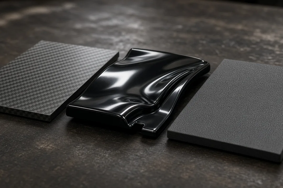 Carbon fiber, gloss black and matte black exterior part samples