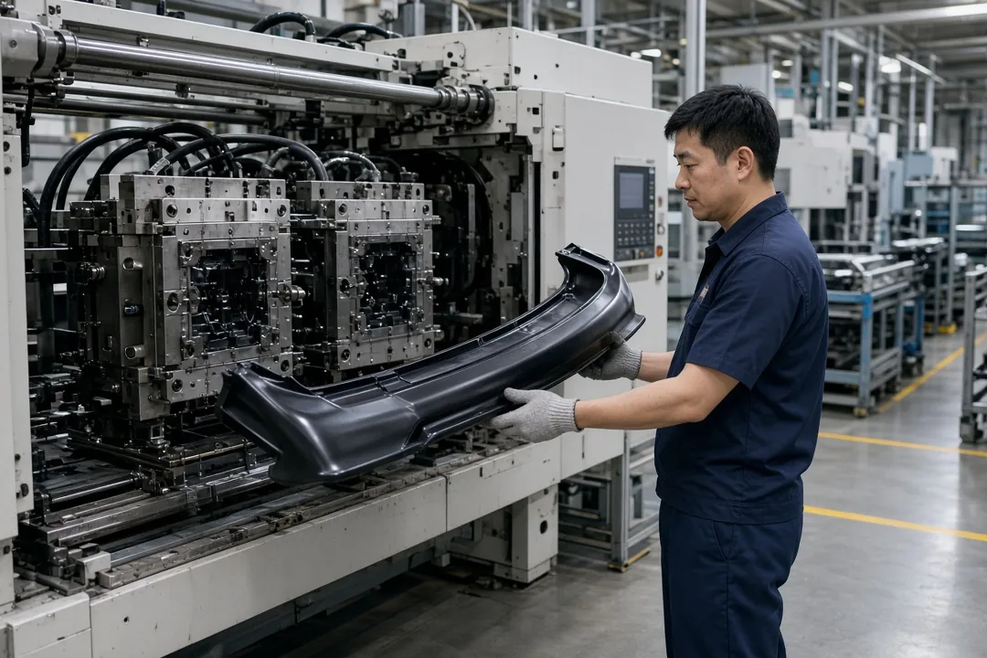 Technician removing a molded bumper part from an injection molding machine